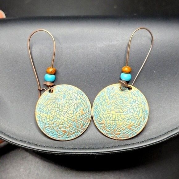 Boho Bronze round plate drop earrings with turquoise & wood beads - Picture 1 of 3